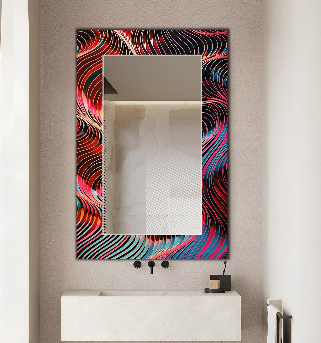 Customizable Wall Mirror, Geometric Abstract Art as Wall Mirror, Red Wavey Wall Art with Mirror