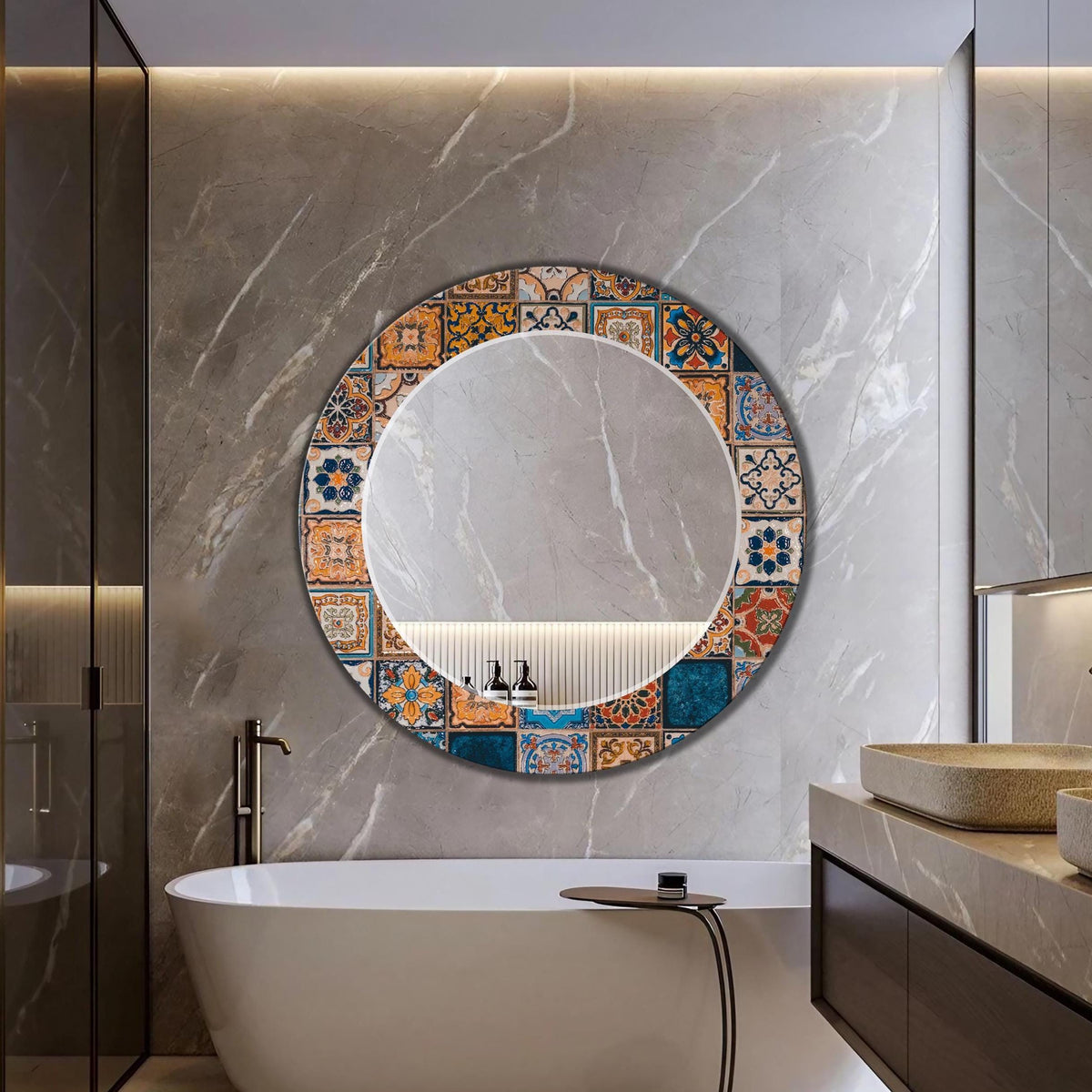 Geometric Wall Mirror, Persian Tile Texture Glass Wall Art as Large Mirror