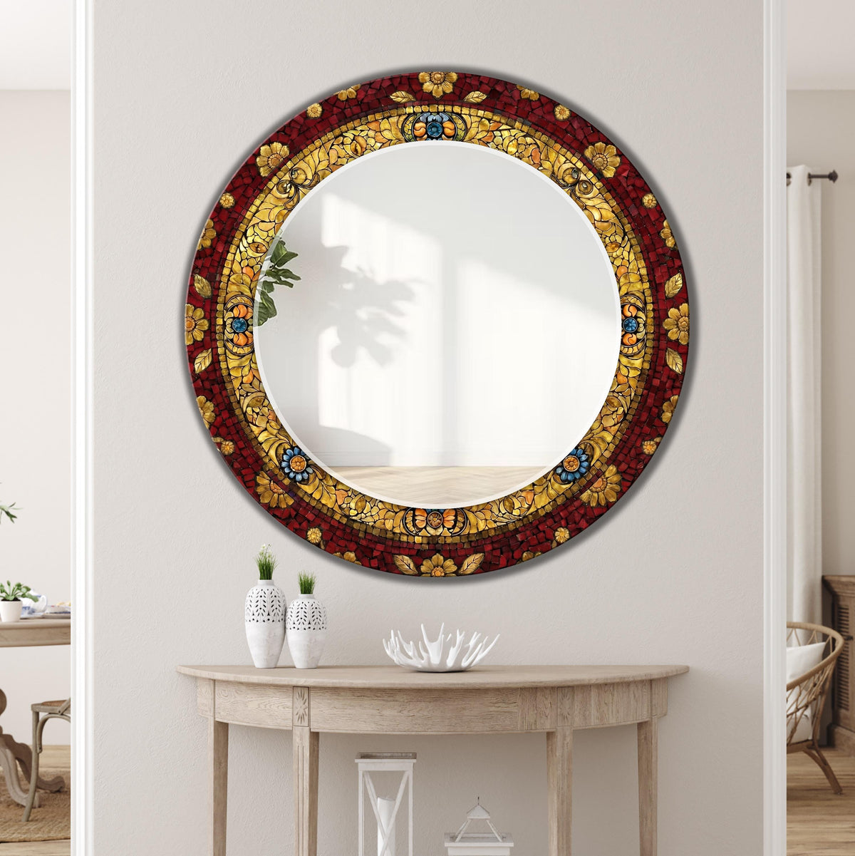 Round Green and Gold Mosaic Floral Texture Decorative Wall Mirror, Luxury Wall Mirror -  With Color & Size Variations