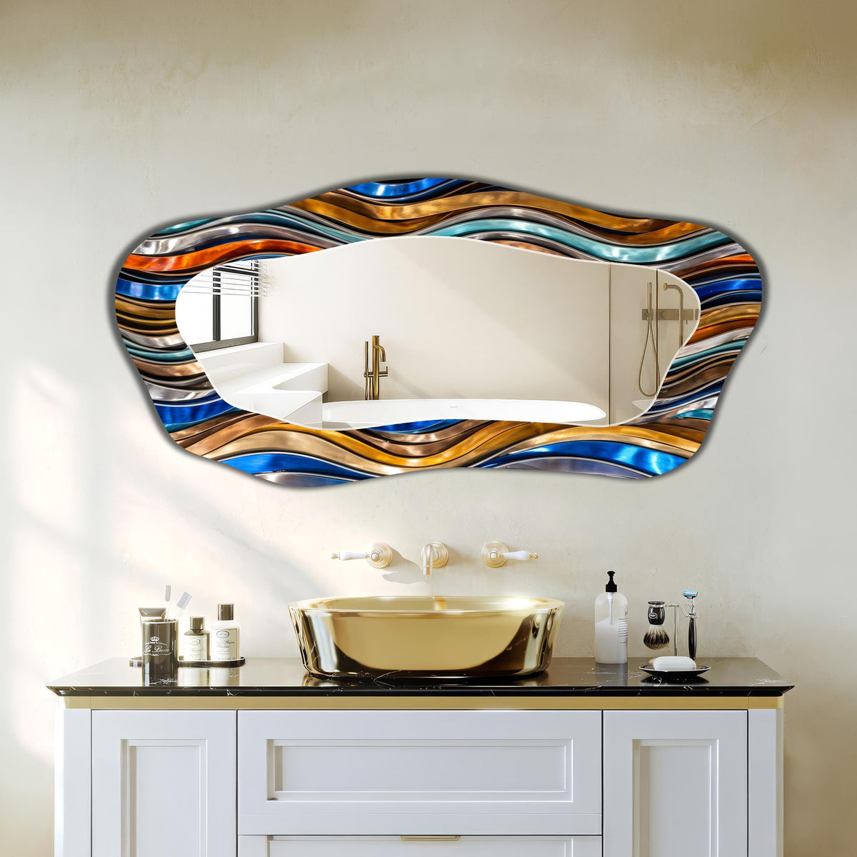 Asymmetrical Wall Mirror, Organic Metal Wave Abstract Art as Wall Mirror