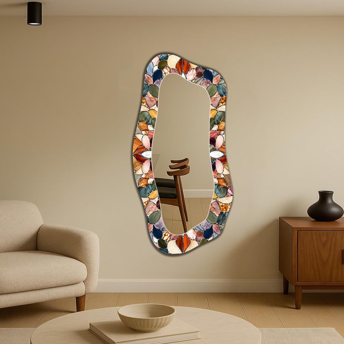 Asymmetric Wall Mirror, Stained Glass as Mirror, Mosaic Pattern Floral Full Length Mirror