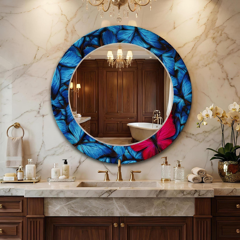 Round Wall Mirror, Blue and Pink Abstract Art as Mirror, Butterfly Mirror