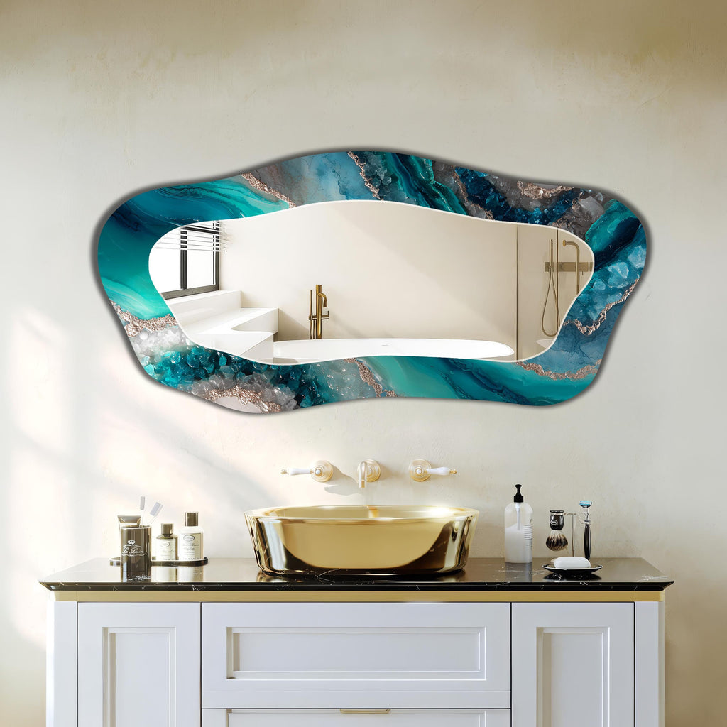 Irregular Wall Mirror, Blue Agate Geode Glass Art as Mirror, Blue Marble with Silver Veining Organic Mirror