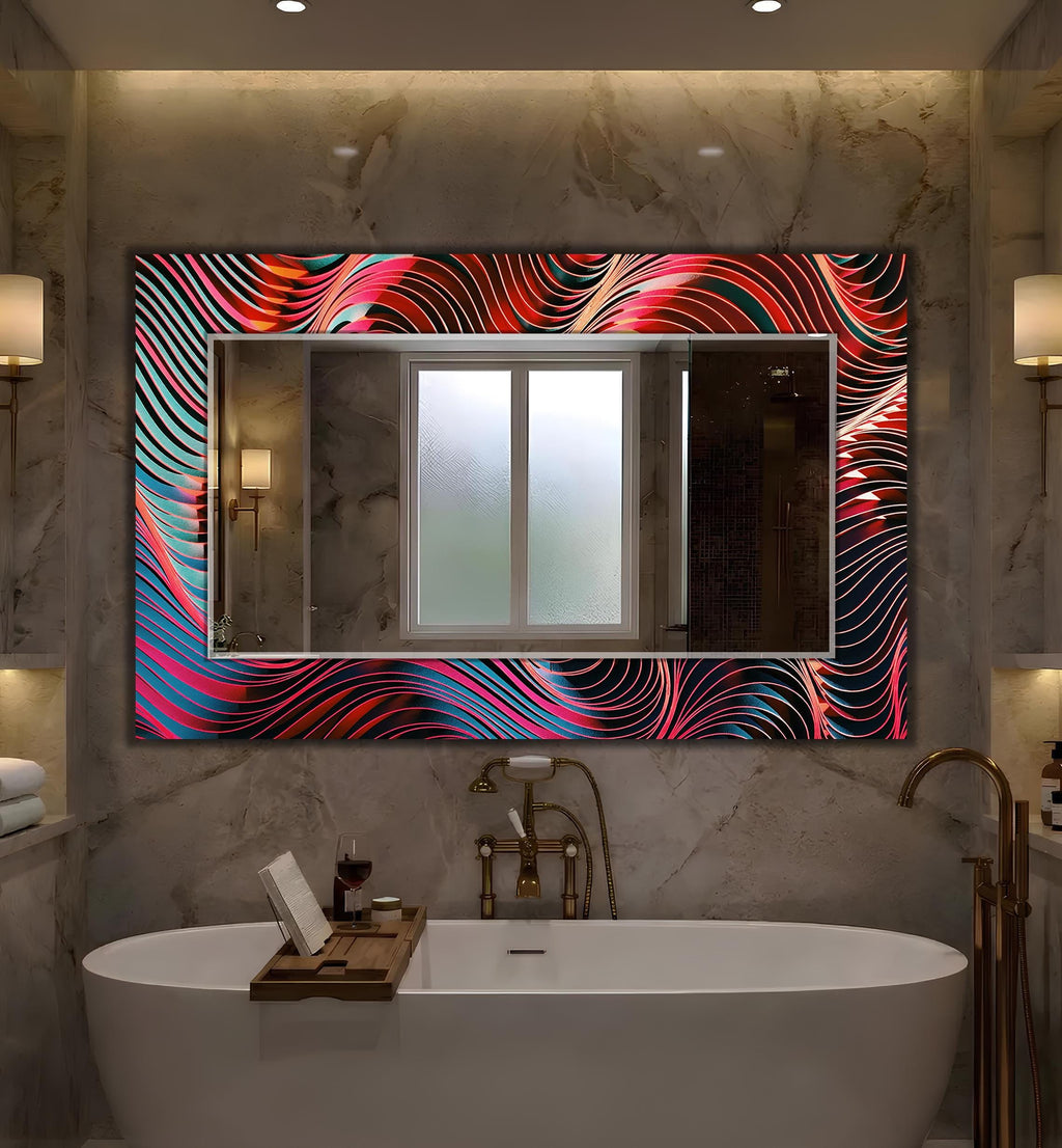 Customizable Wall Mirror, Geometric Abstract Art as Wall Mirror, Red Wavey Wall Art with Mirror