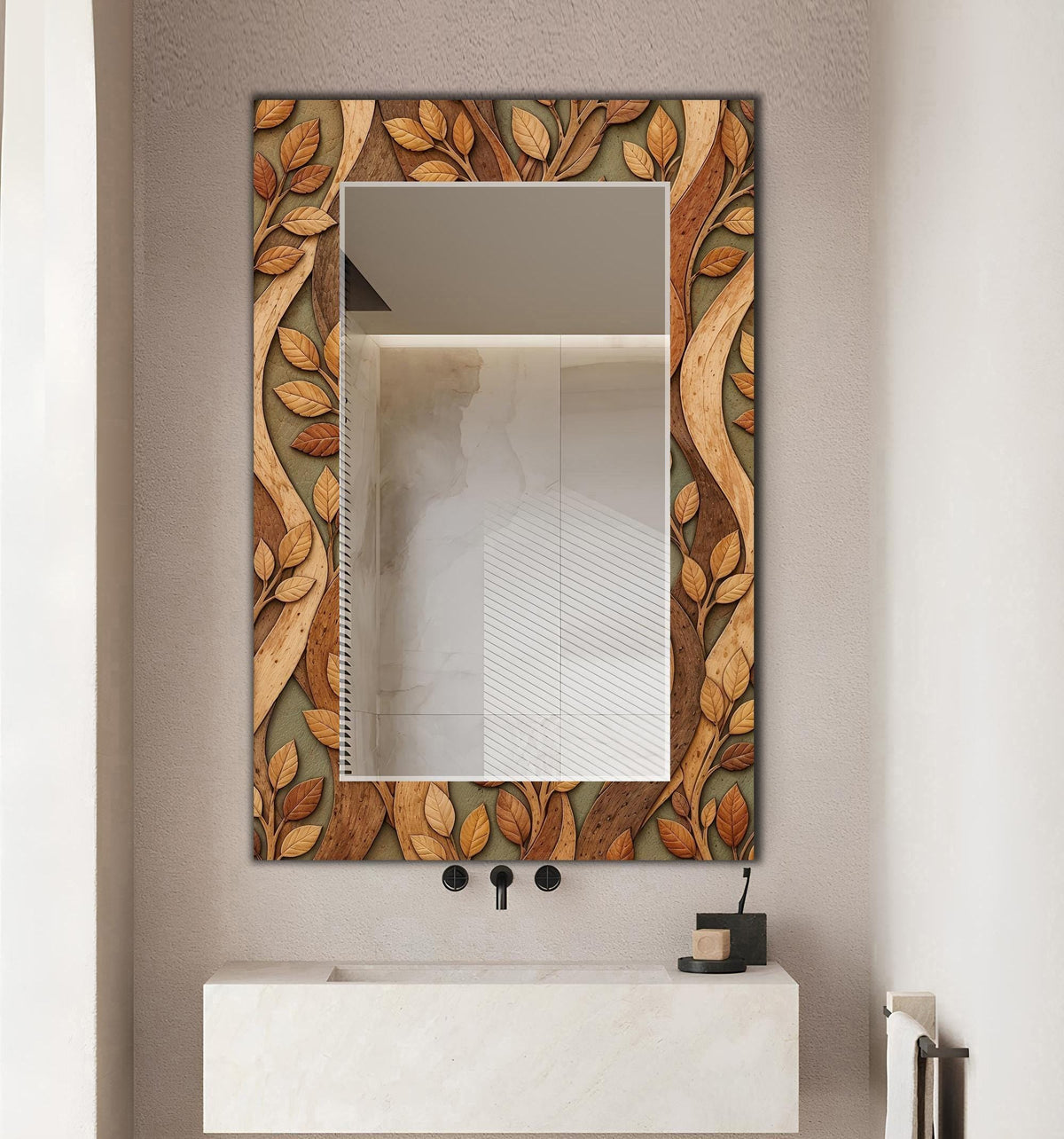 Decorative Wall Mirror, Wooden Texture Glass Wall Art as Mirror
