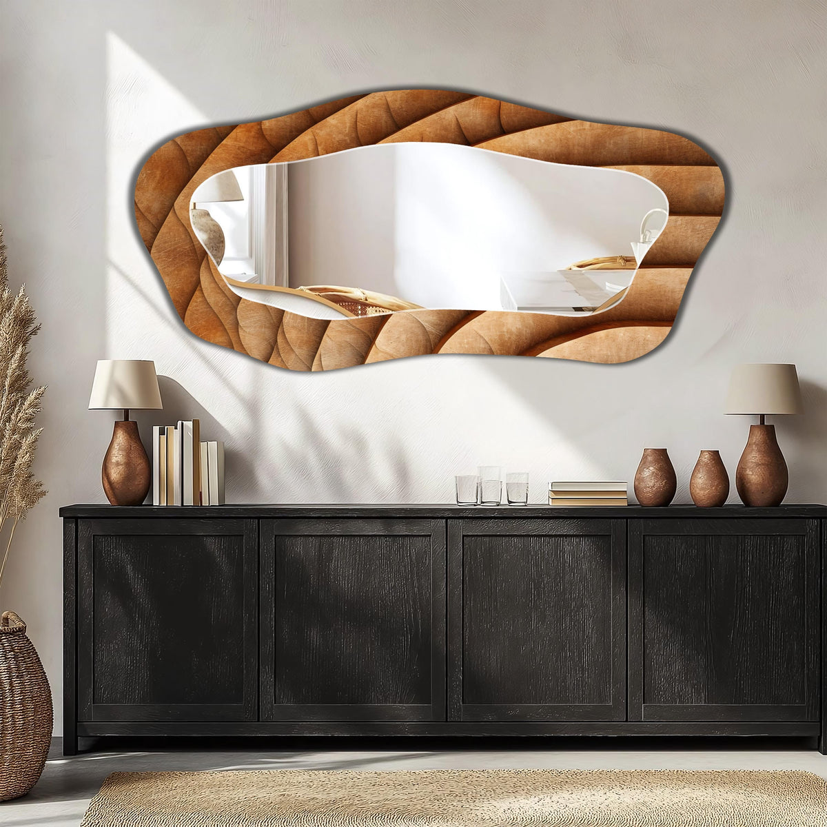 Asymmetrical Wall Mirror, Wodden Wave Texture Irregular Mirror, Boho Home Decor