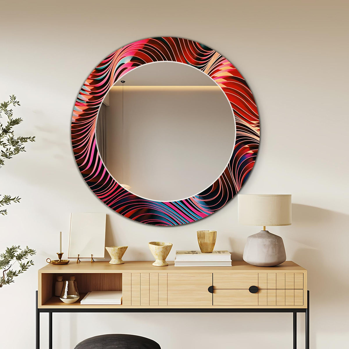 Customizable Wall Mirror, Geometric Abstract Art as Wall Mirror, Red Wavey Wall Art with Mirror