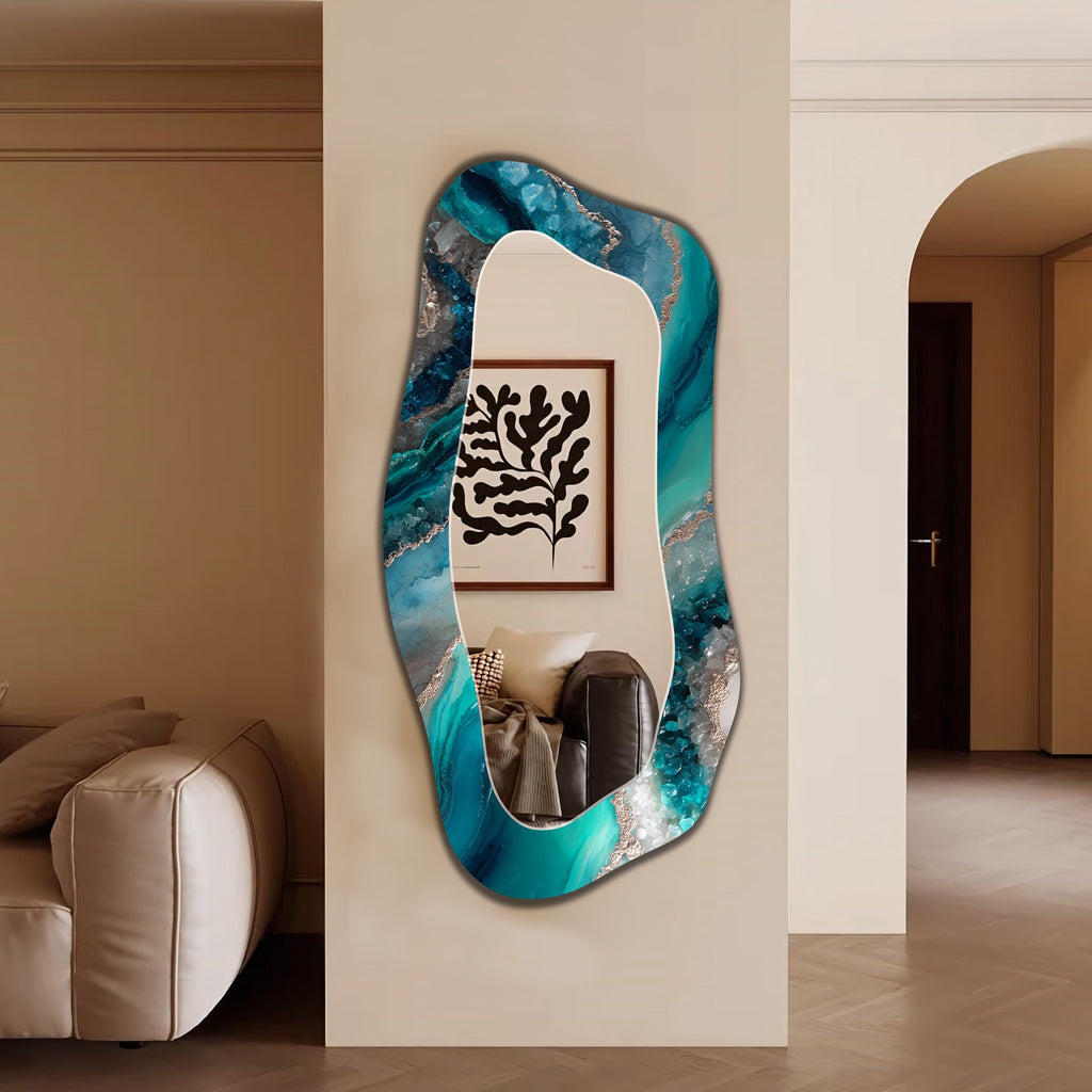 Irregular Wall Mirror, Blue Agate Geode Glass Art as Mirror, Blue Marble with Silver Veining Organic Mirror