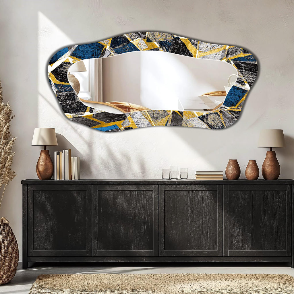 Abstract Wall Mirror, Gold Blue Mosaic Texture Irregular Miror