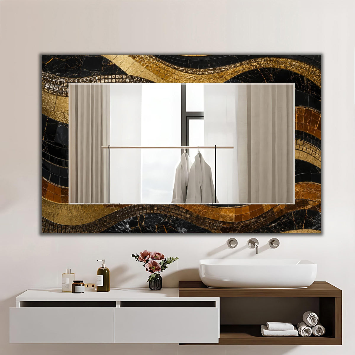 Gold Wall Mirror, Gold Black Mosaic Abtract Texture Wall Mirror -  With Shape Variations
