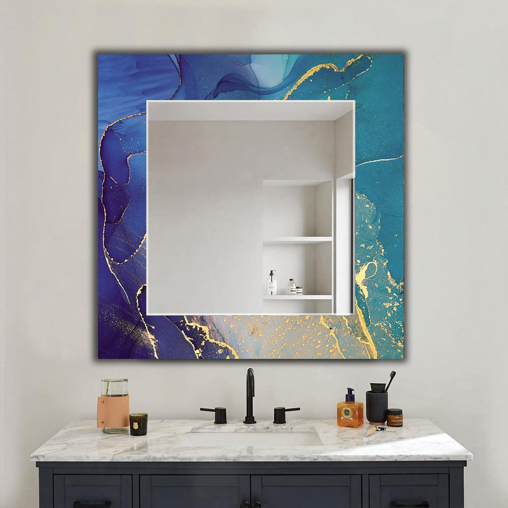 Decorative Round Mirror, Blue Gold Veined Ocean Marble Art as Mirror